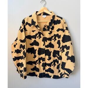 Le Lis Cow Print Denim Utility Jacket Tan Black Oversized Shacket Large